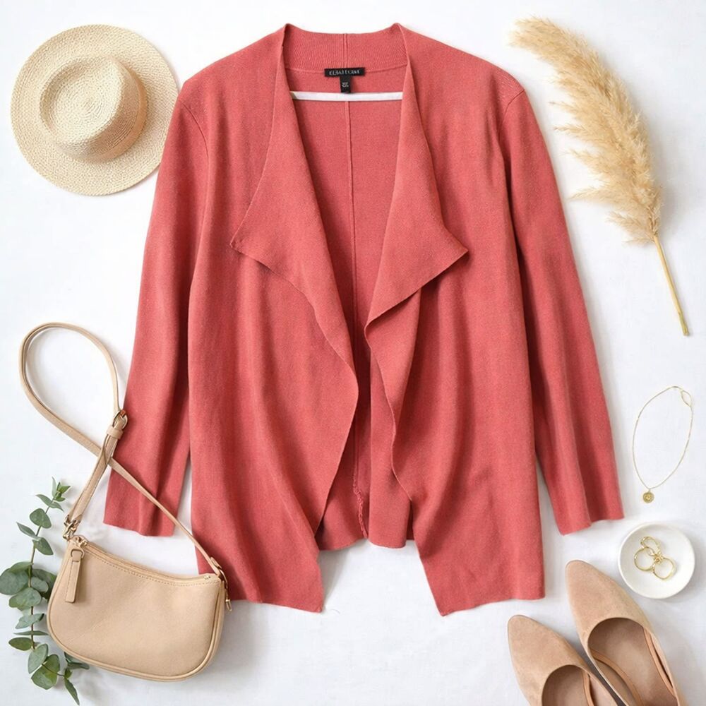 Eileen Fisher Silk Cotton Blend Open Front Cardigan Coral Pink Womens Size L